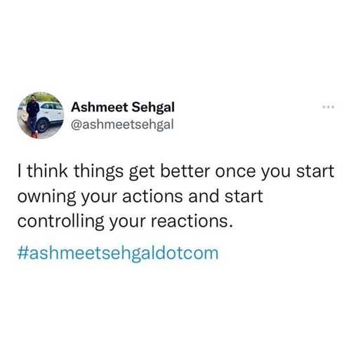 I think things get better once you start owning your actions and start controlling your reactions.

#ashmeetsehgaldotcom 

#selfhelp #selflove #selfcare #mentalhealth #motivation #love #inspiration #personaldevelopment #selfimprovement #personalgrowth #healing #mindset #lifecoach #anxiety #selfdevelopment #quotes #meditation #positivity #success #mentalhealthawareness #spirituality #loveyourself #motivationalquotes #happiness #psychology #selfhelpbooks #life #selfawareness #positivevibes