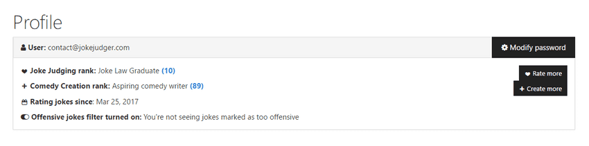 Users had a profile where they could see their achievements rank (how many jokes rated and created), and filter out jokes labeled as offensive.