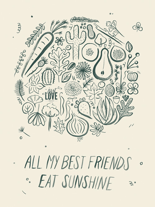 A poster with a collage of plants done in brush and ink. Below it: All my best friends eat sunshine