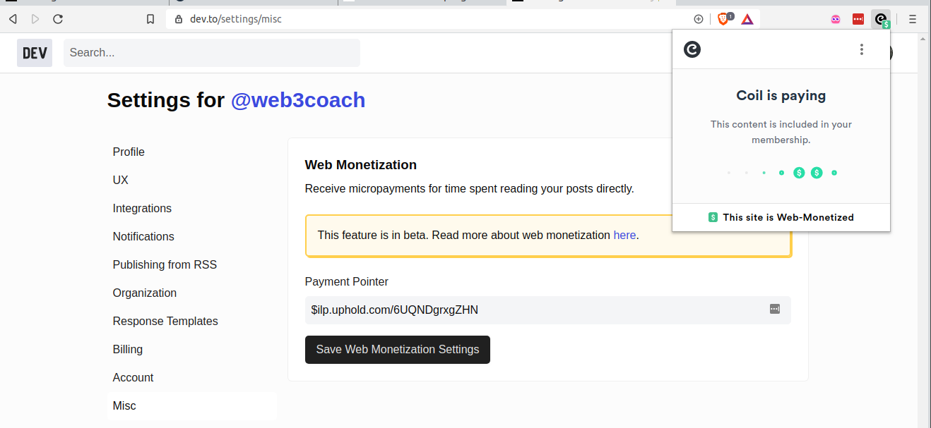Configuring Web3Coach dev.to Payment Pointer