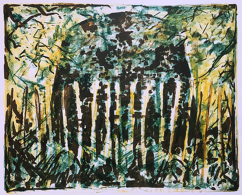 colourful lithograph of a Martello Tower behind foliage and fence