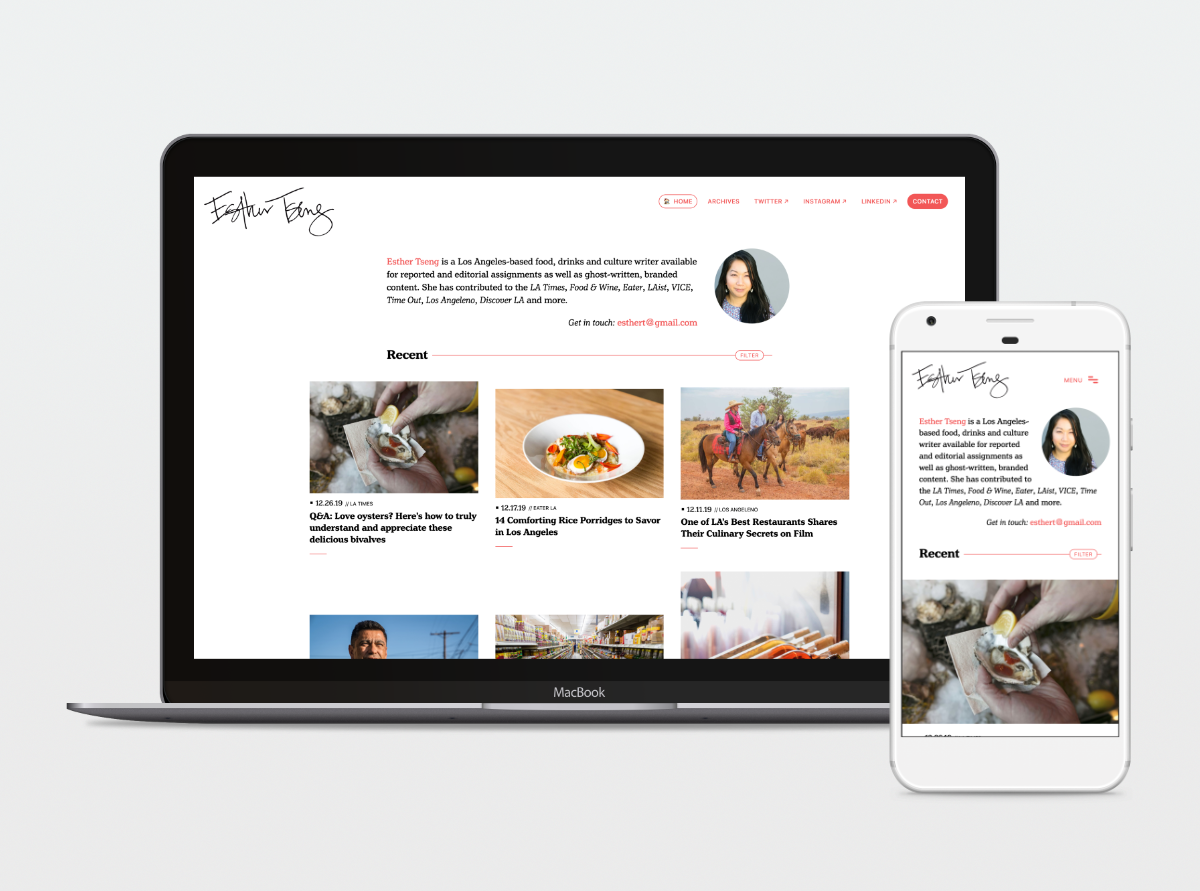 Esther Tseng's new website on laptop and phone.