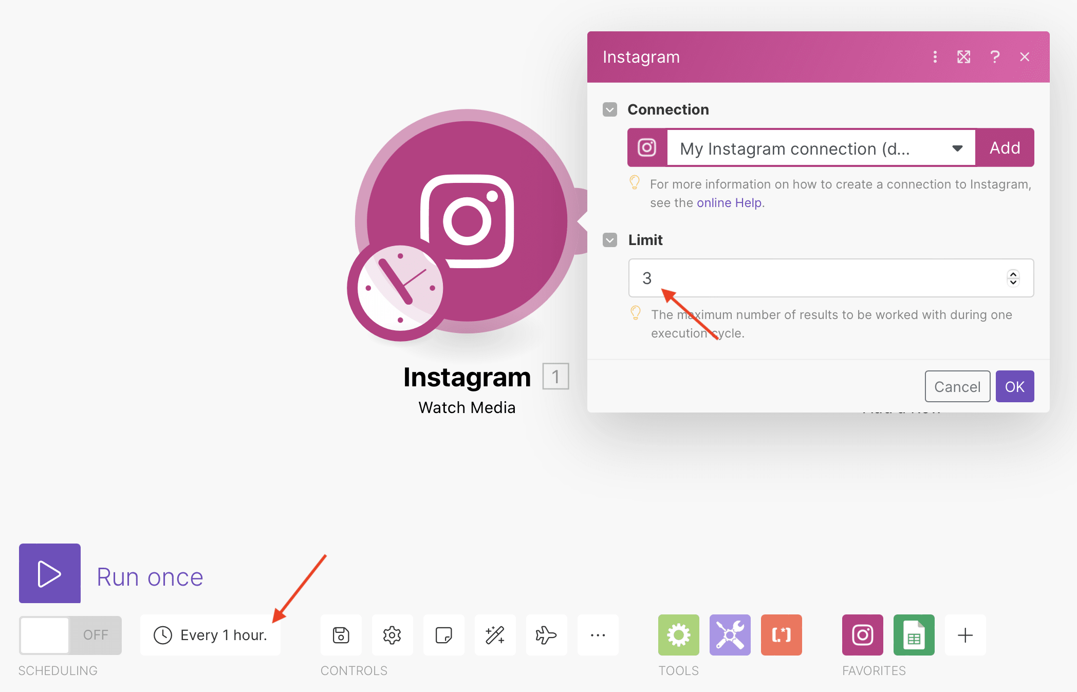 Screenshot of Make Instagram module with red arrows pointing to limit and scheduling options