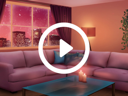 Home interior with large corner sofa, flickering candles and warm lighting, hanging plants and potted plants, and a view of a city in a pink night sky with falling snow. Skype background