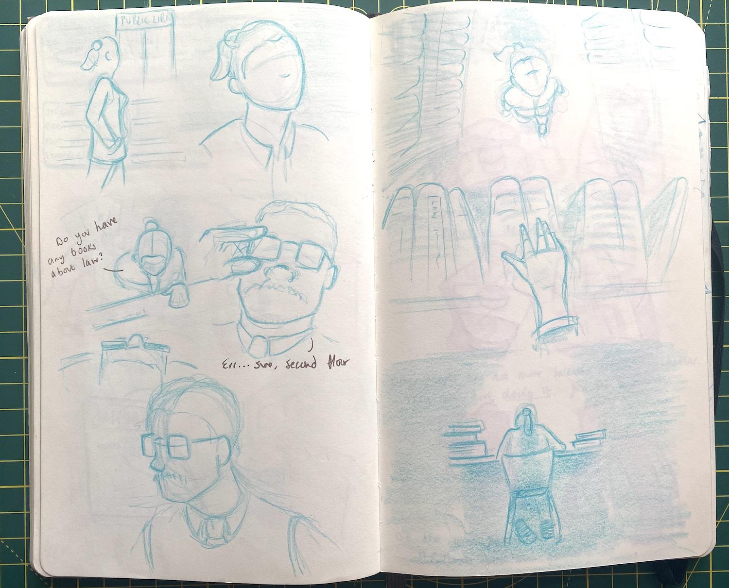 Pages of early short stories from Adam Westbrook&rsquo;s sketchbook