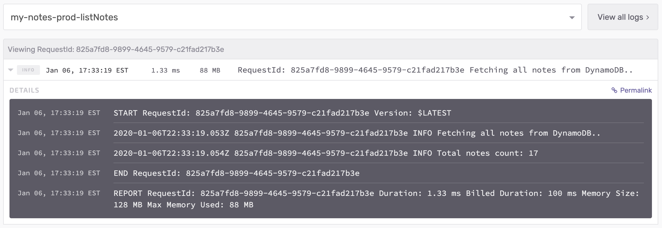 Lambda log single request