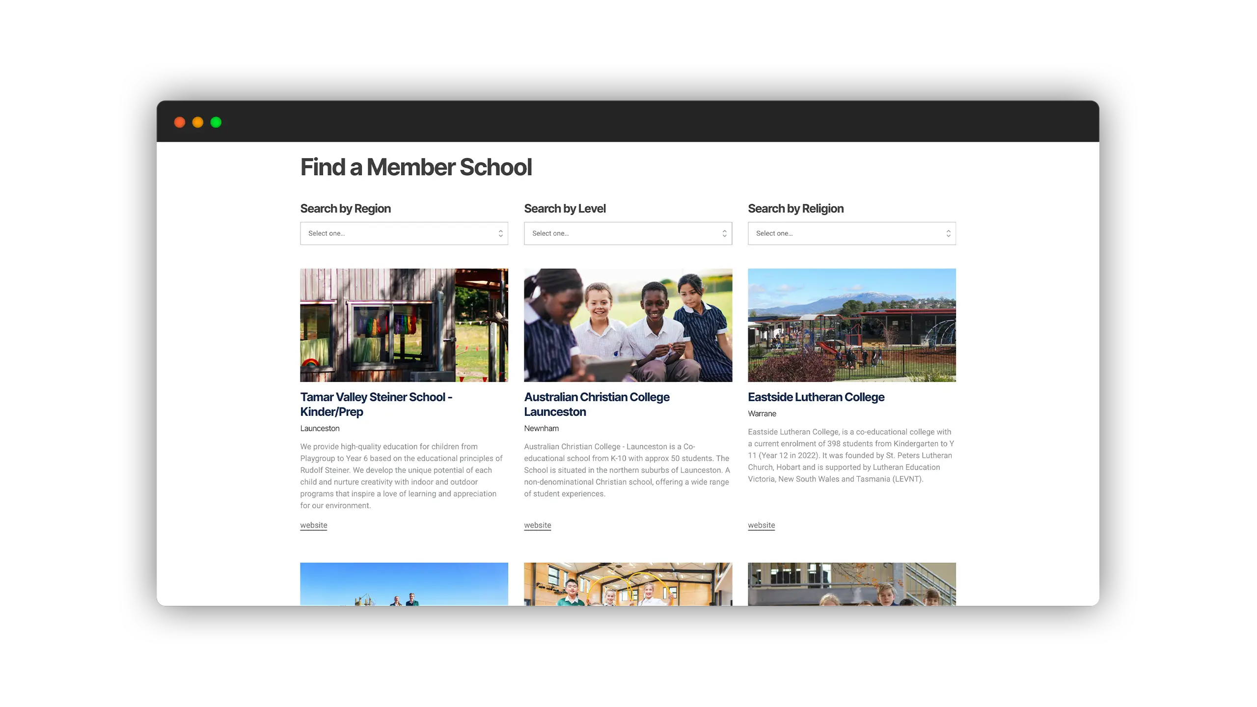 Independent Schools Tasmania - new website find a school search functionality with multiple school images and descriptions