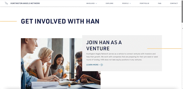 animated gif scrolling down a page on the HAN site. Headings calling ventures, investors, and students to join HAN are shown in navy above stock photos of people dressed in business casual working together.