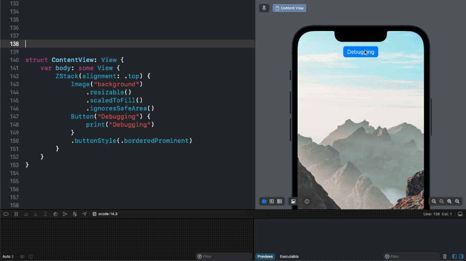 We can see print output from the SwiftUI Previews.