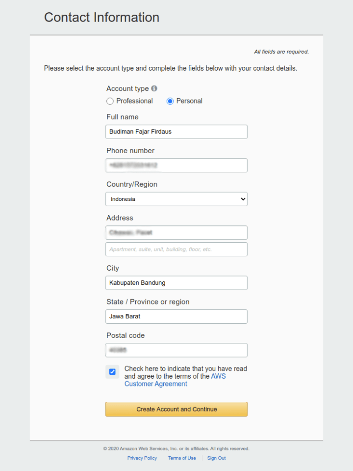 AWS Sign Up Contact Information