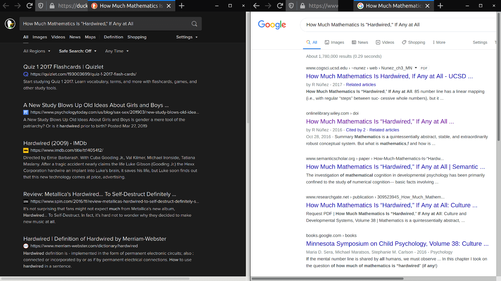 Another ddg vs google search results page