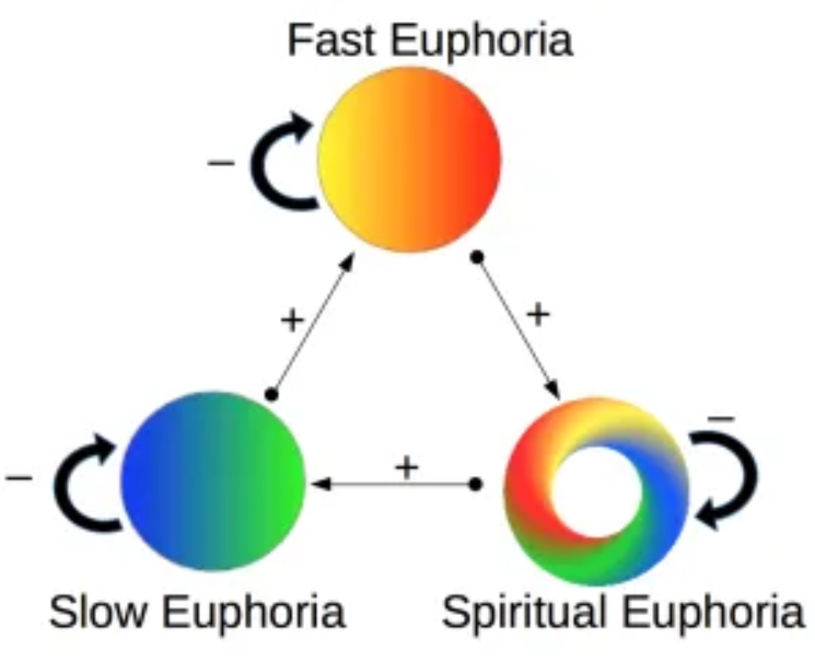Trans/Post-human negative feedback mechanisms. It is a virtuous cycle that delivers hearty amounts of euphoria but with no craving as a result. What’s reinforced is the flow between the types of euphoria rather than each kind on its own.
