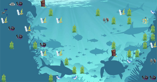 Thumbnail Screenshot from Shark Attack Shiny app with image of sea creatures and garbage floating in the sea