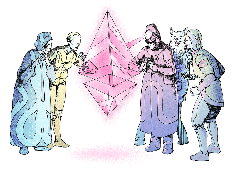 Il·lustració d'un grup de persones meravellades davant d'un glif ether (ETH)