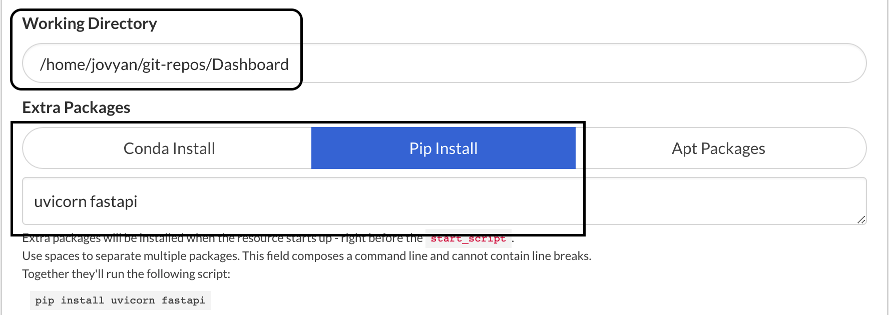 Deployment interface showing command and extra package fields