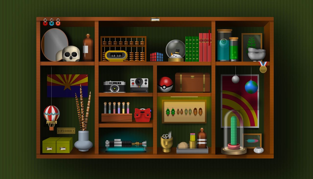 A whole CSS-art cabinet of single-div objects drawn by Lynn Fisher,
from a mirror and skull, to abacus, clock, viewfinder, plants,
snow globe, hot air balloon, and lightsaber.