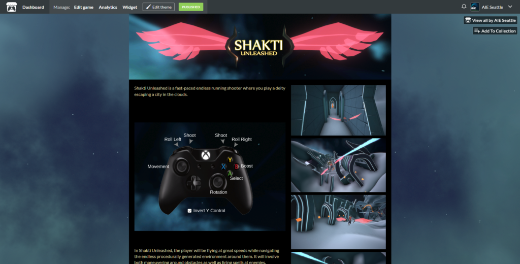A screenshot of Shakti Unlimited&rsquo;s itch.io page, featuring controls and copytext