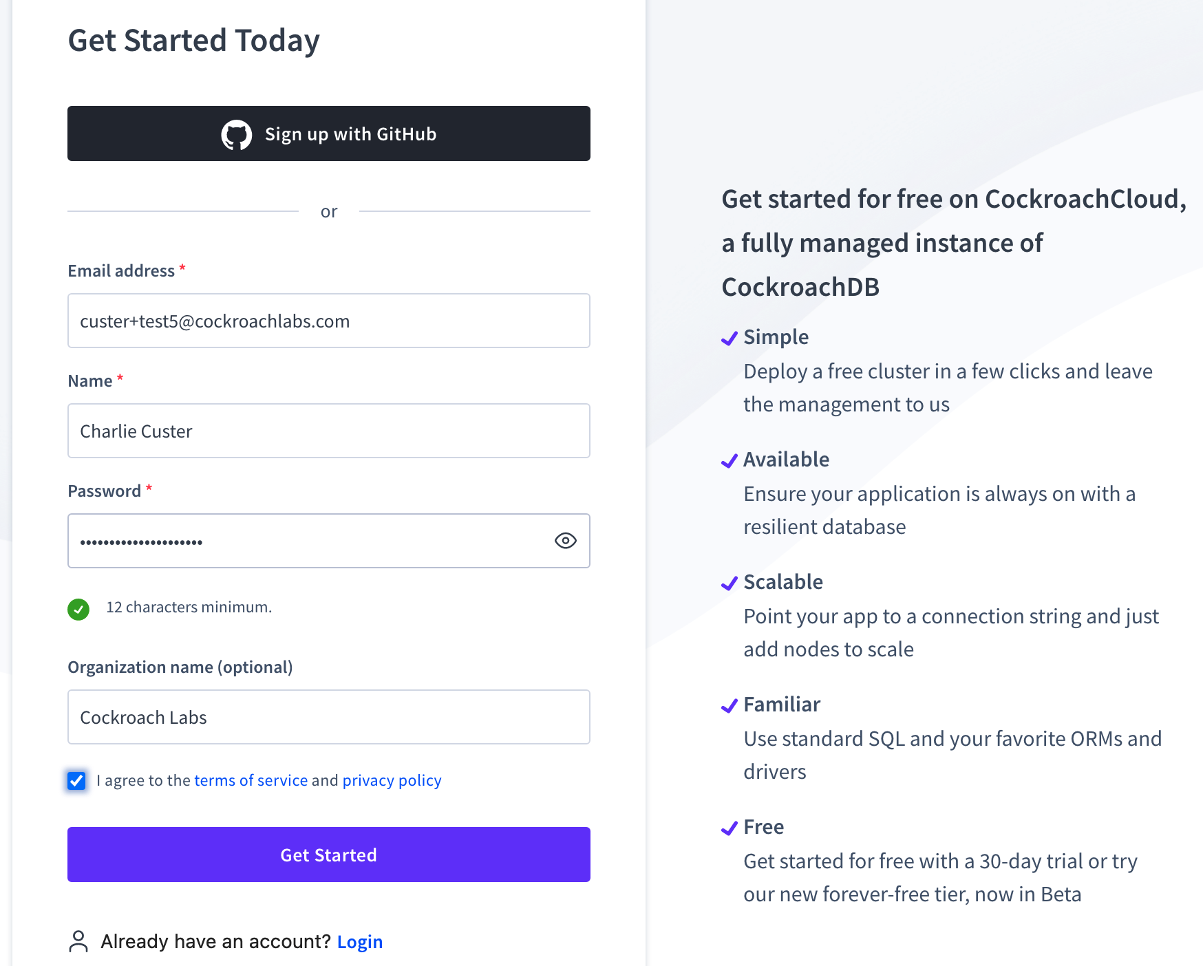 create an account with cockroachcloud