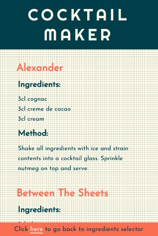 Screenshot from the 'ingredient selector' page of the Cocktail Maker app on a small screen