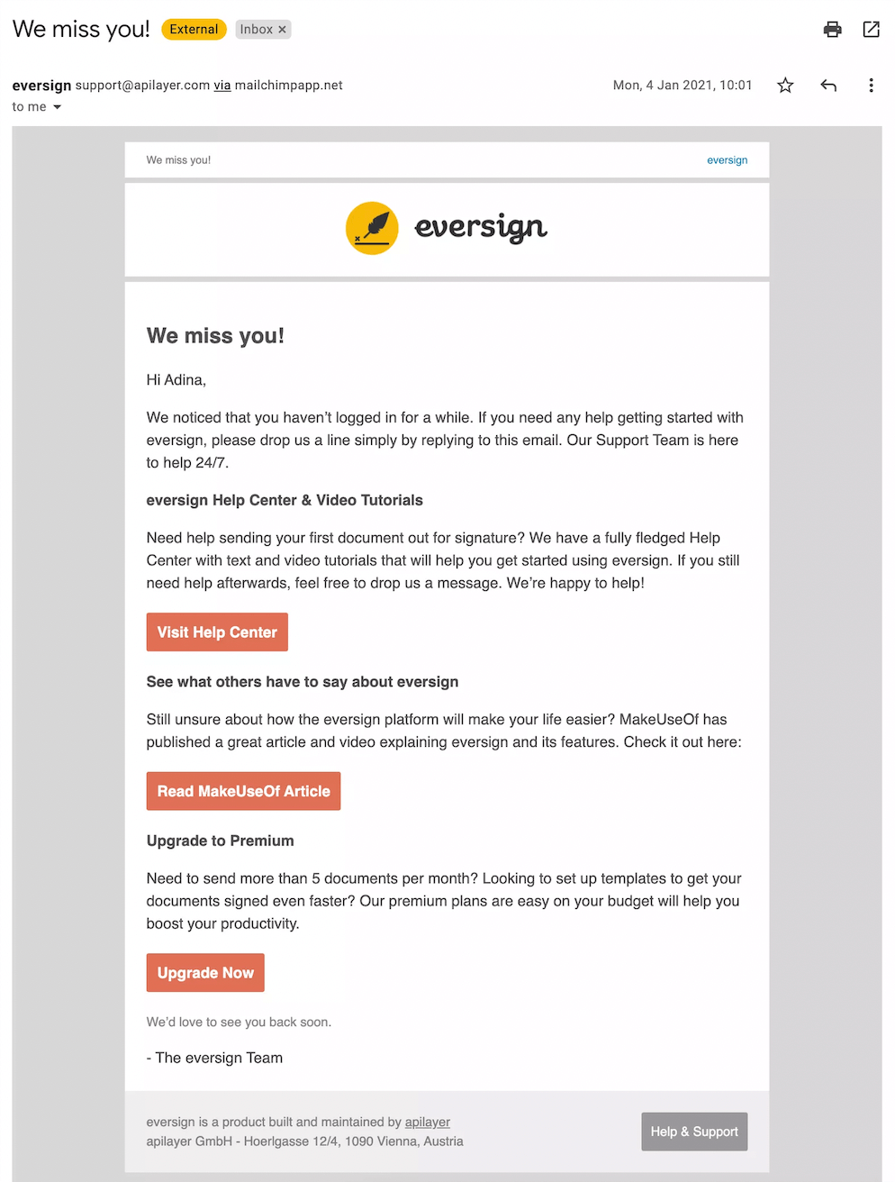 SaaS Re-engagement Emails: Screenshot of Eversign's email