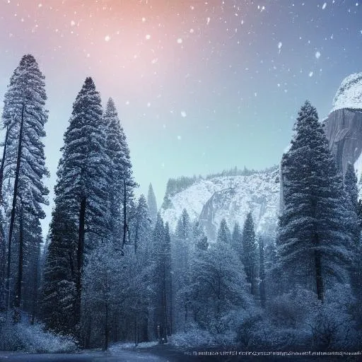 A beautiful landscape photograph of Yosemite mountain scenery full of trees, forest, snowy, cool, winter