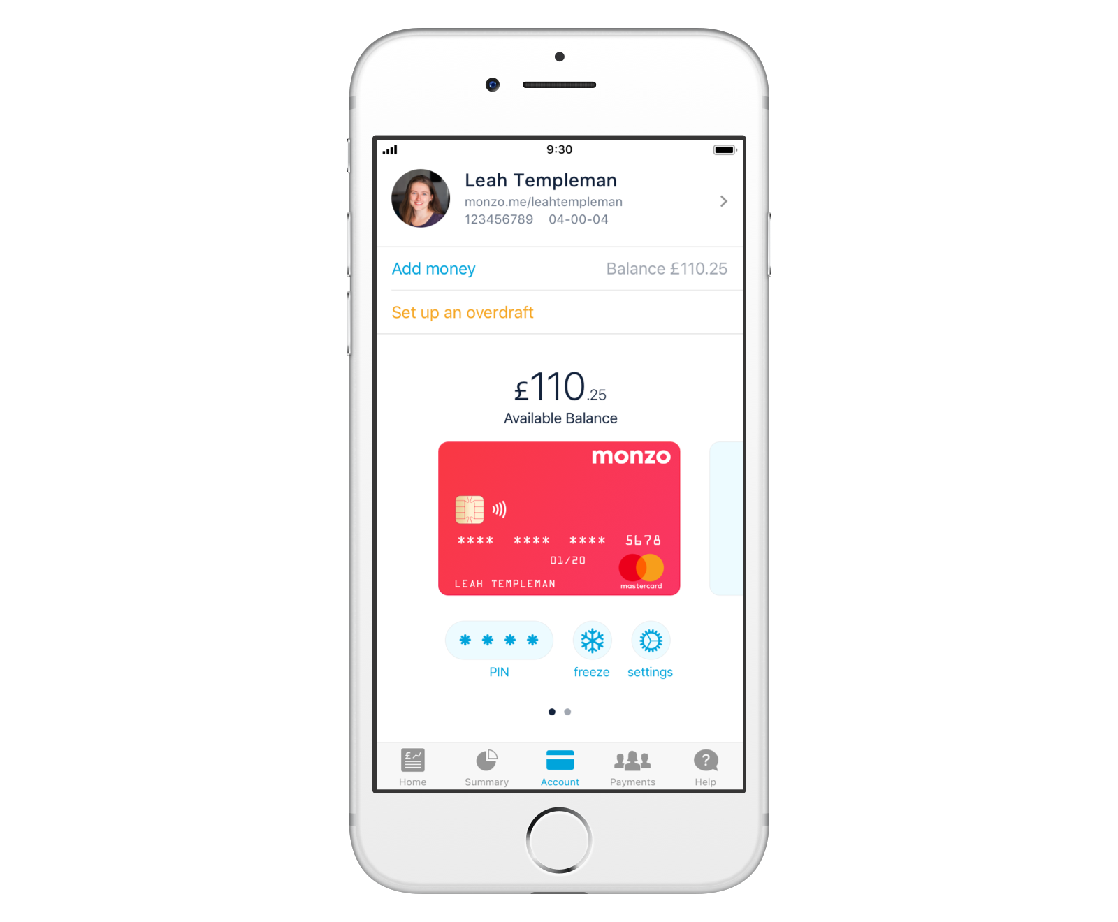 Screen showing the Account tab in the Monzo app with the option to set up an overdraft