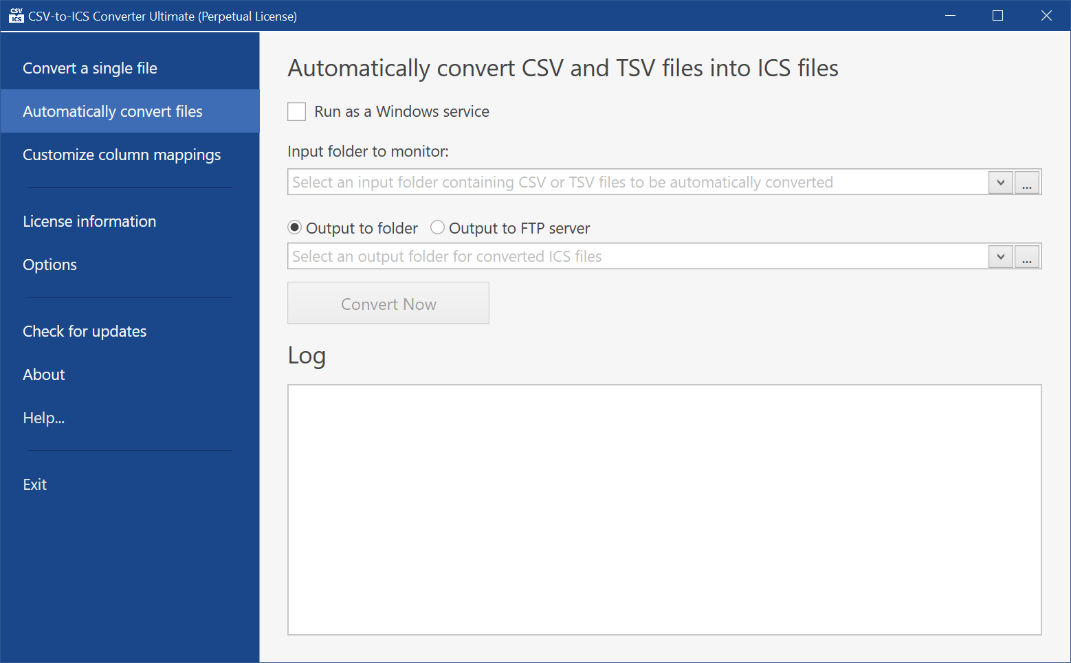 The 'Automatically convert files' tab is where an input folder containing CSV files can be specified. The files will be automatically converted into ICS files and stored in the specified folder or uploaded to your website.