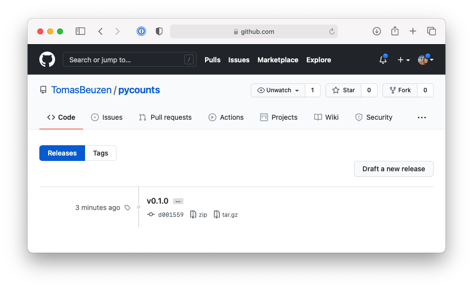 Tag of v0.1.0 of `pycounts` on GitHub.