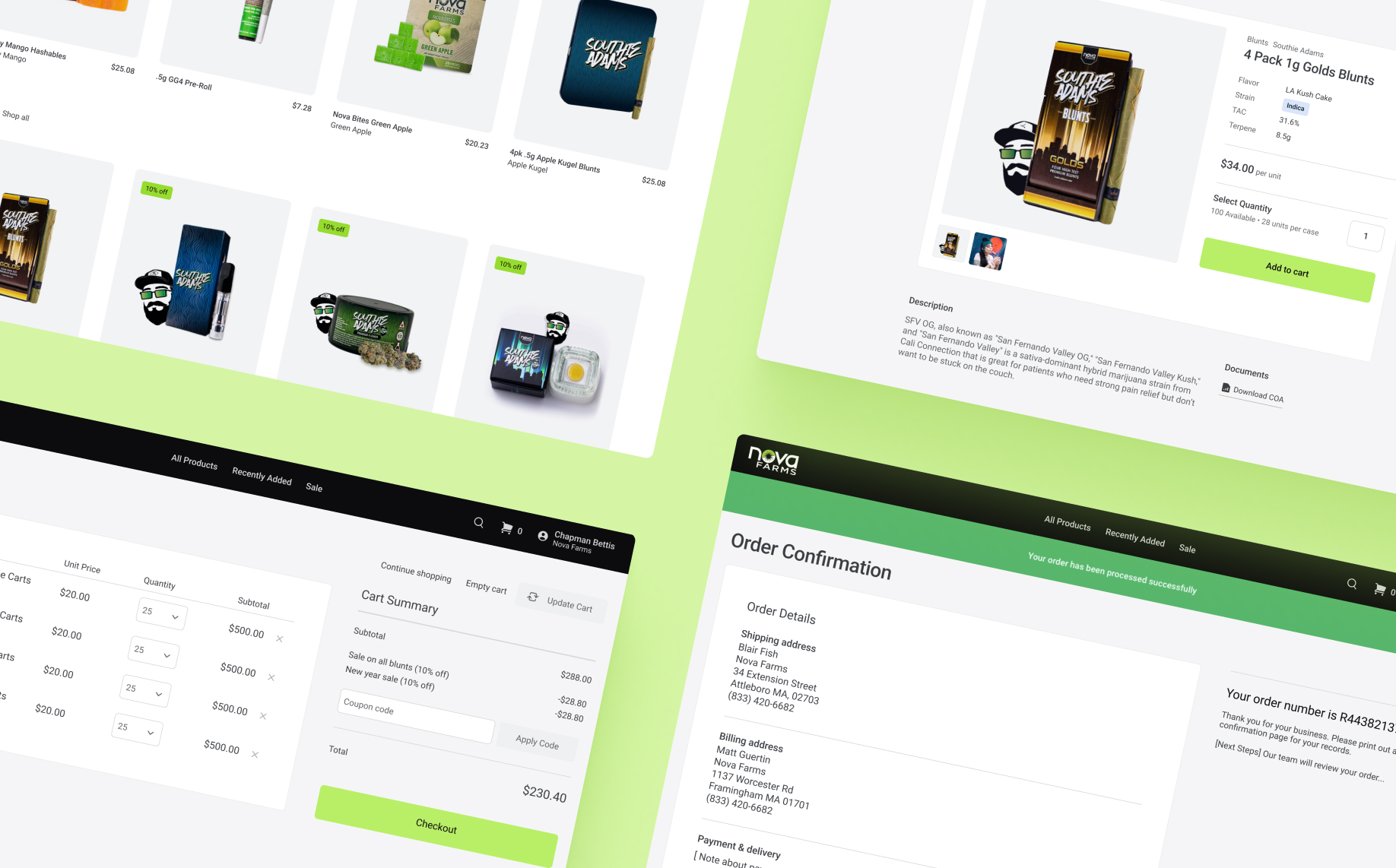 Nova Farms e-commerce site user interface collage.