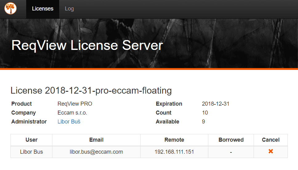 ReqView Floating License Server Administration Page
