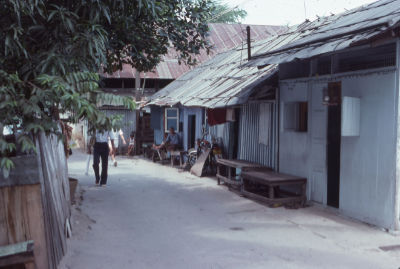The back alley of zinc-roofed houses in a Malay kampong at Potong Pasir.