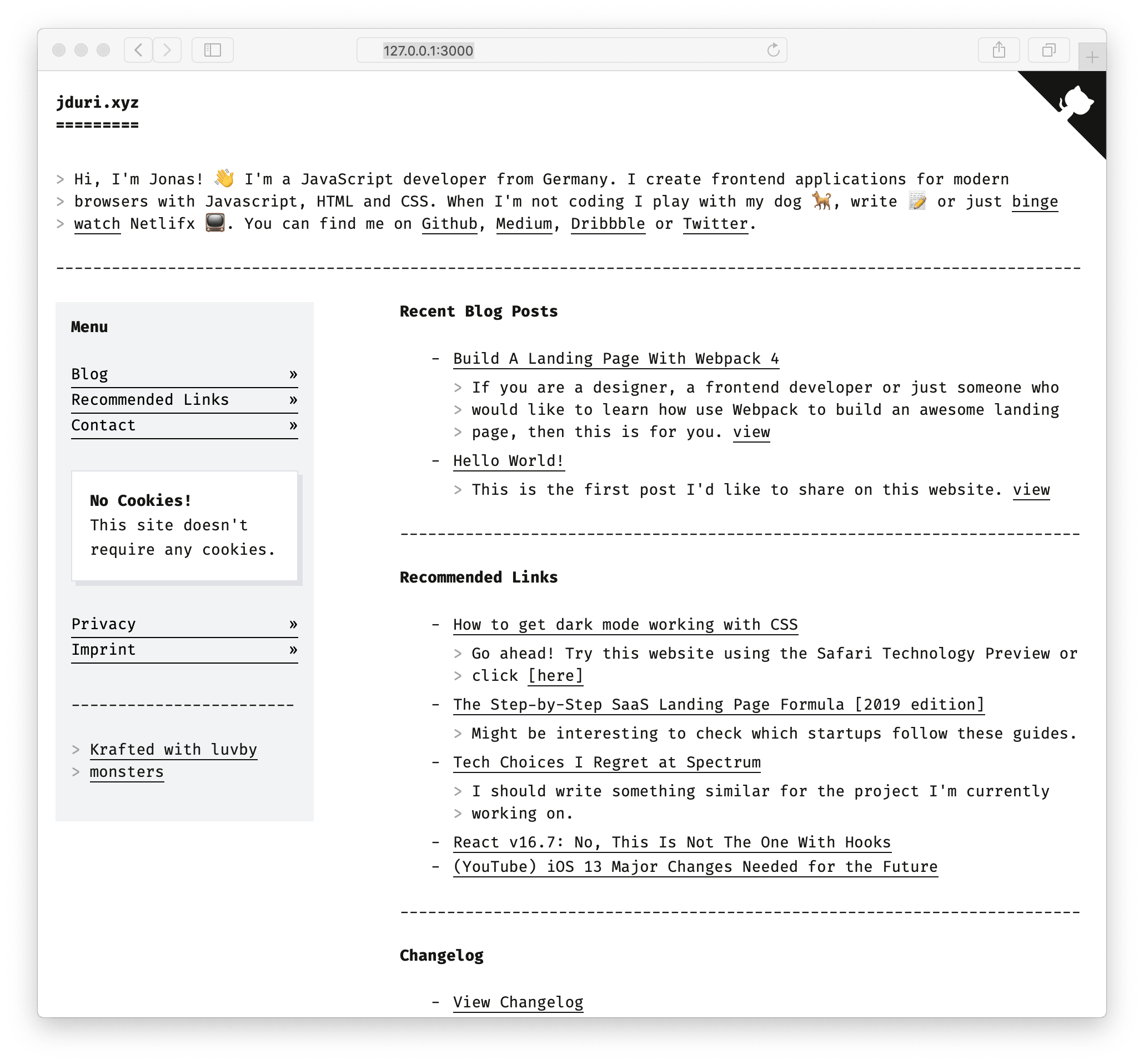 Light Mode Screenshot of my website using a light theme