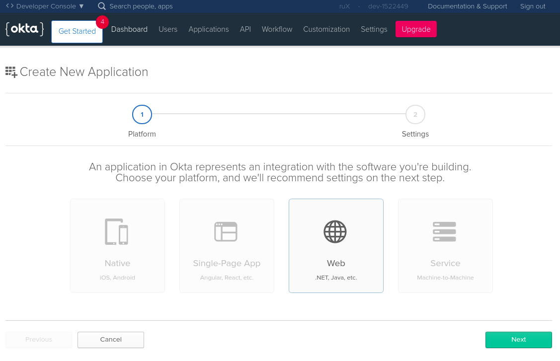 Create a new application screen on Okta website