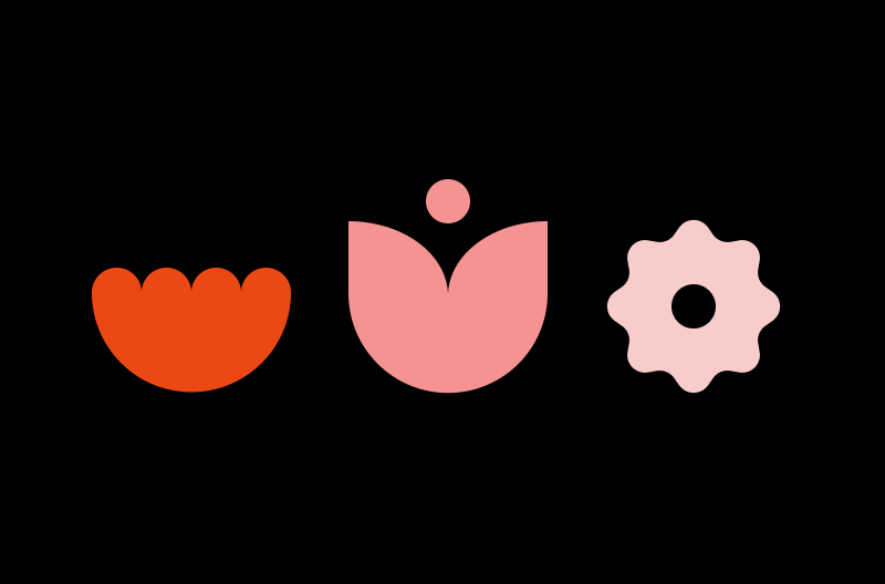 A vector illustration with three geometric flowers displayed in a row, ranging from a bright red to a soft pink. The first flower looks like a mum, the second like a tulip, the third vaguely daisy-ish.