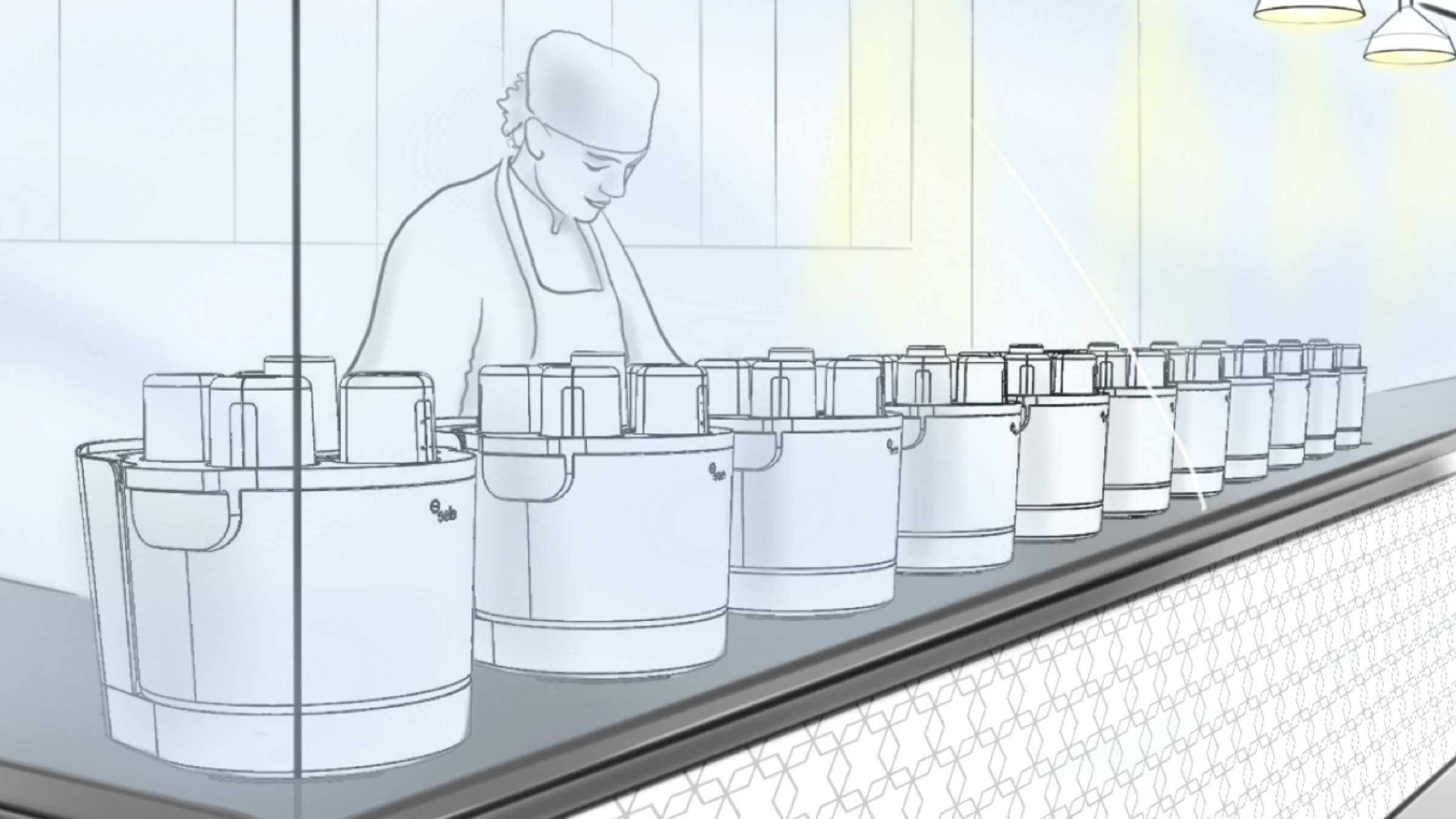 Illustration of a fleet of Oliver's  (11 Olivers lined up) behind a glass wall, with a chef prepping ingredients. This image is a visual representation of a potential restaurant or cloud kitchen concept for an Oliver restaurant.  
