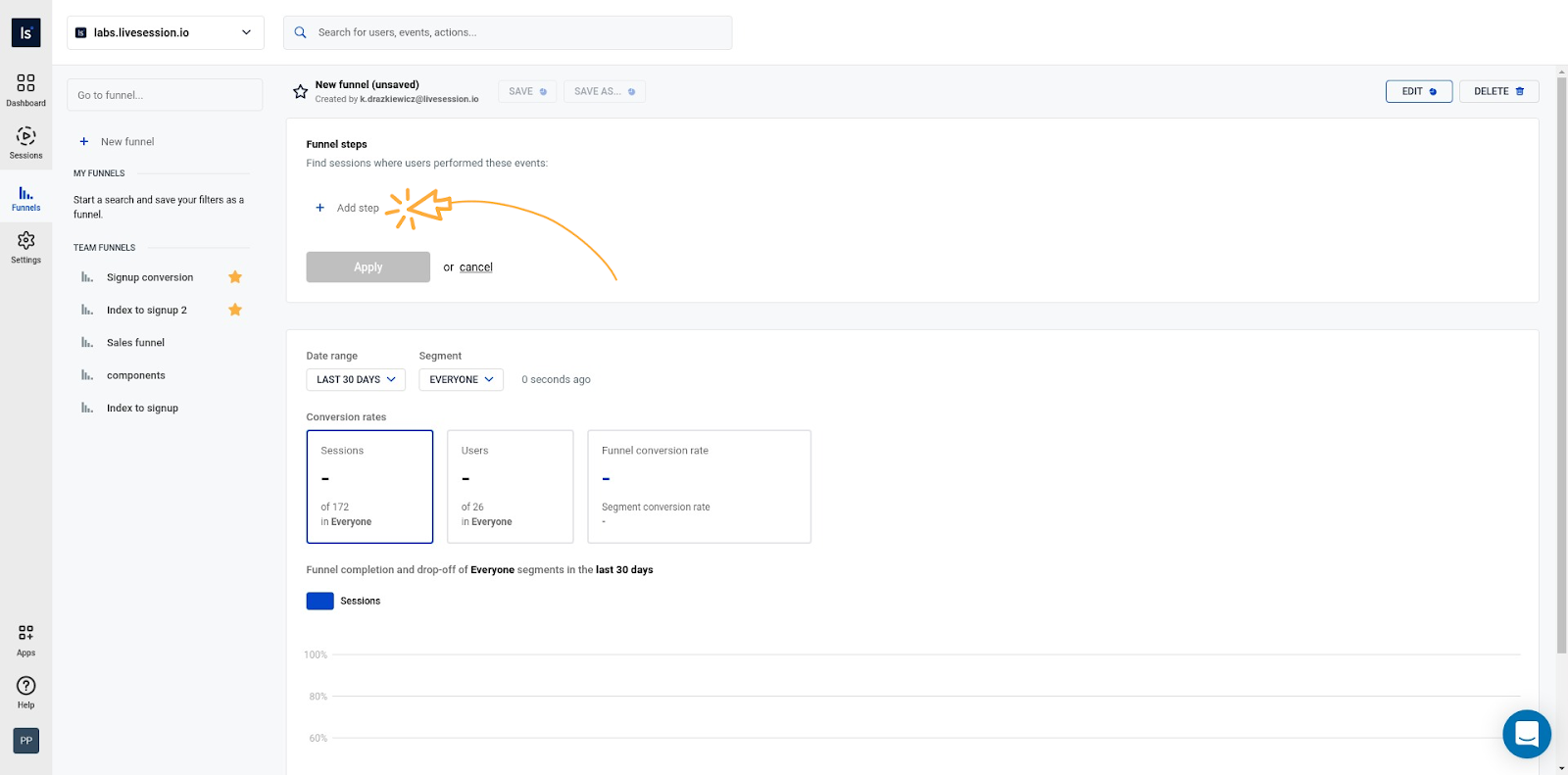 Add new steps LiveSession funnels