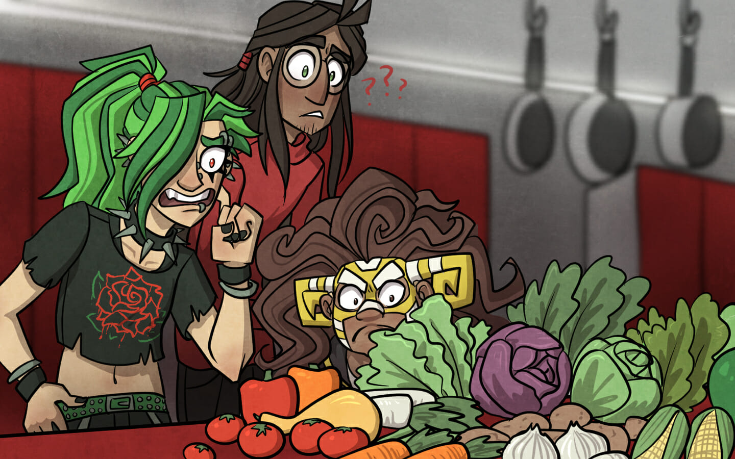 Timaeus, Jurou, and Gugalanna inspect the large pile of veggies on the kitchen counter.
