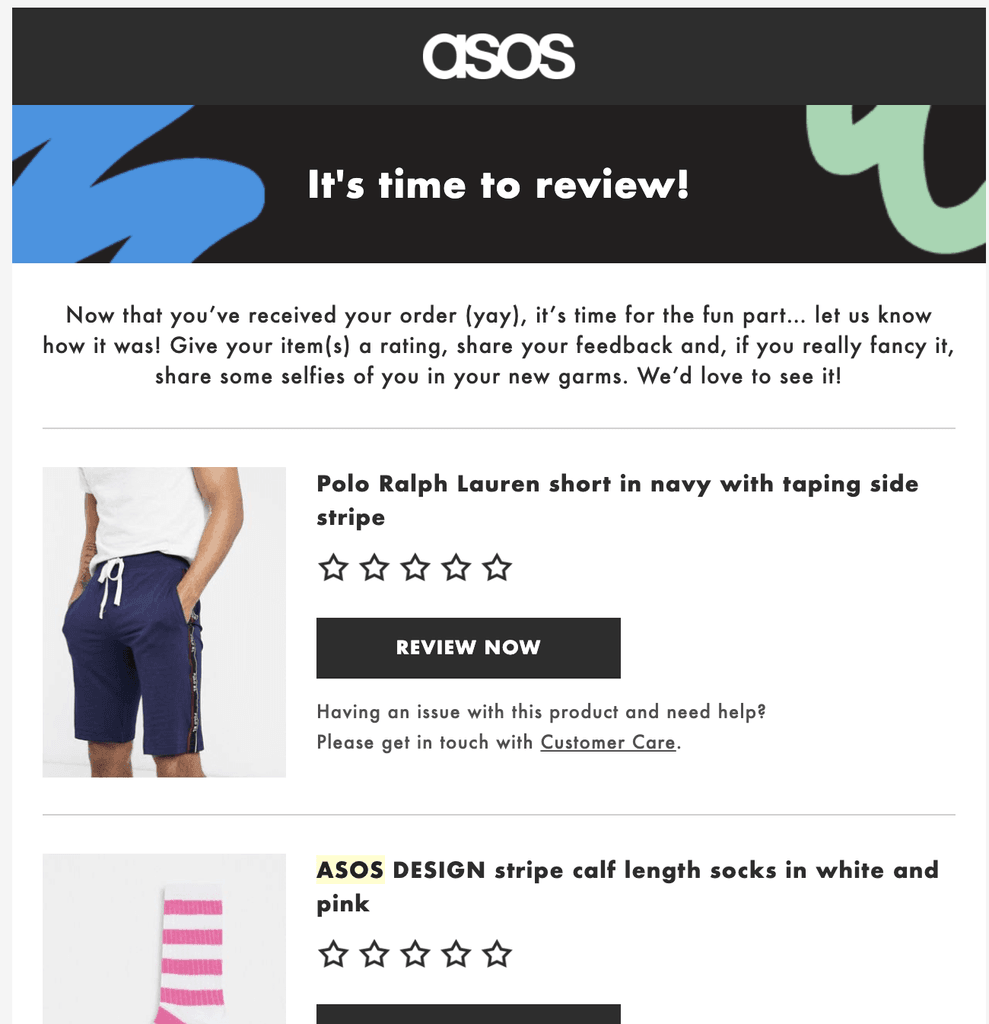Asos asking customers to review the product they recently purchased