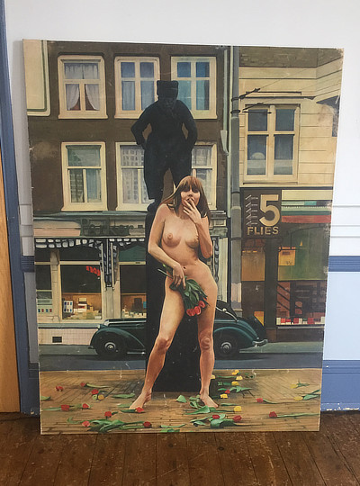 painting of naked woman standing holding roses in front of a statue on a high street