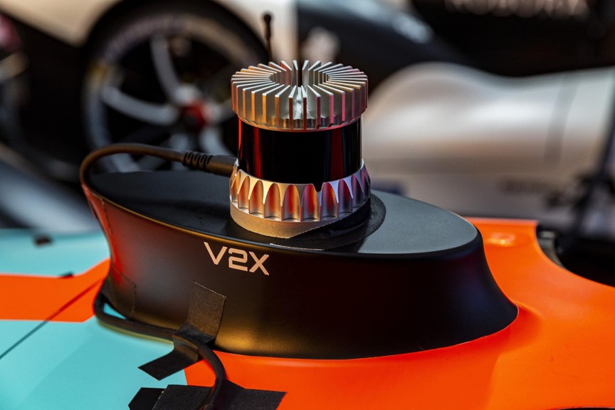 The OS1-16 points being used to localize the vehicle within an HD 3D map of the Zala Zone race track