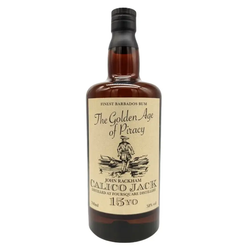 Image of the front of the bottle of the rum The Golden Age of Piracy Calico Jack Distilia
