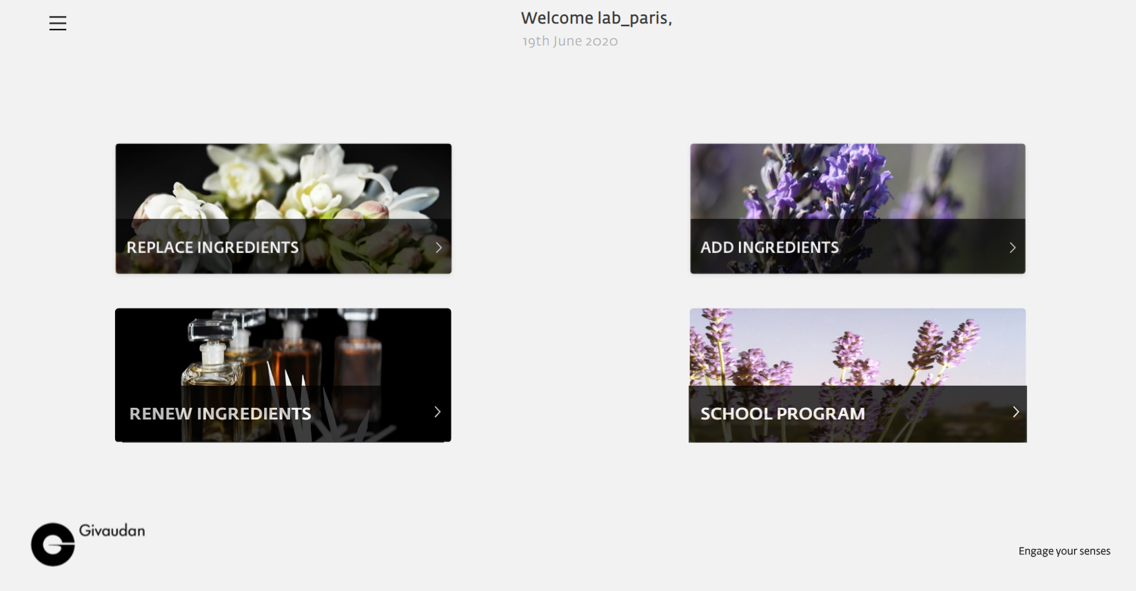 Application Givaudan : page d'accueil de la laborantine