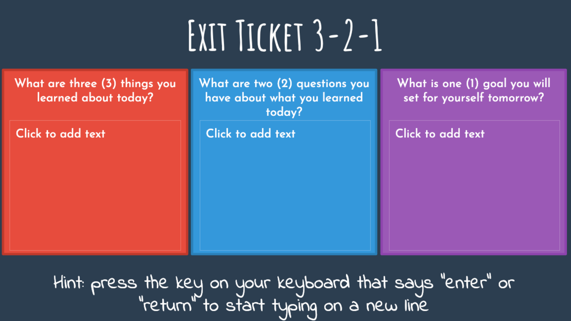 3-2-1 exit ticket with boxes for 3 things I learned today, 2 questions I still have, and one goal for tomorrow