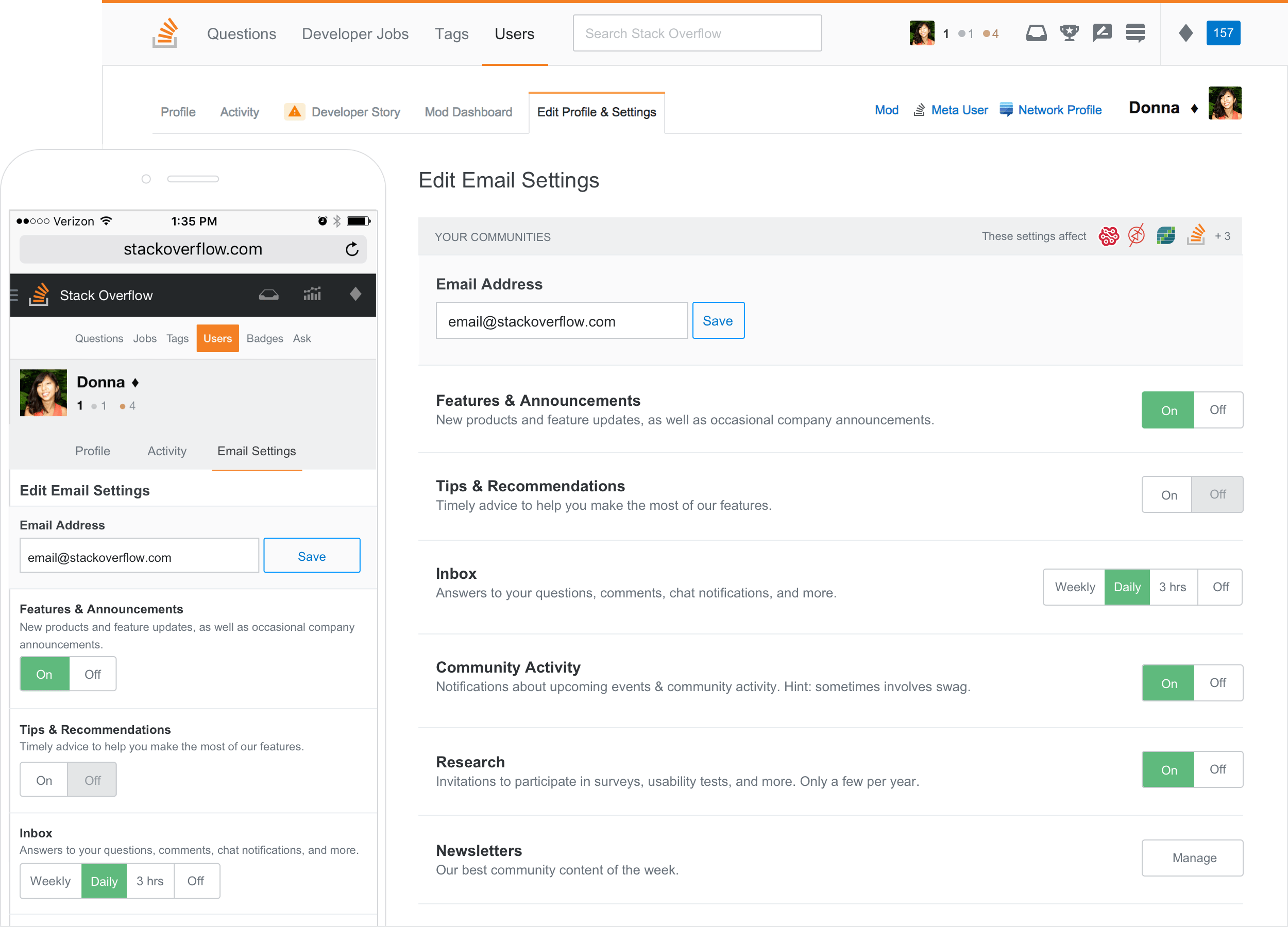 Stack Overflow's email preferences redesign.