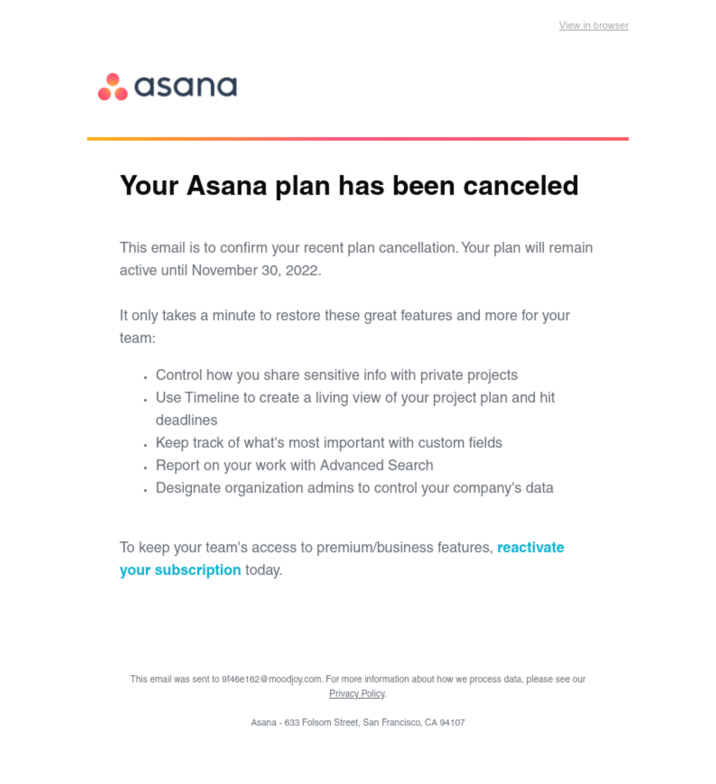 SaaS Cancellation Emails: Screenshot of Asana's cancellation email