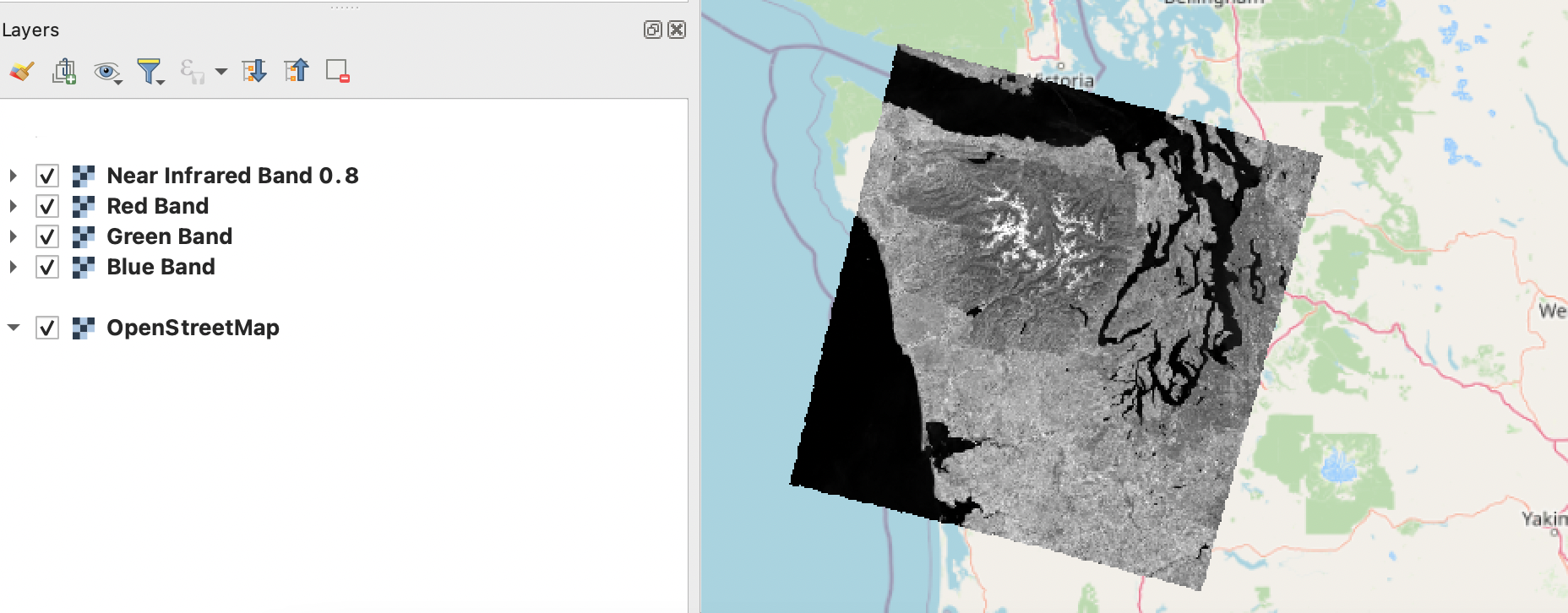 Screenshot of STAC Asset added to the QGIS map layer