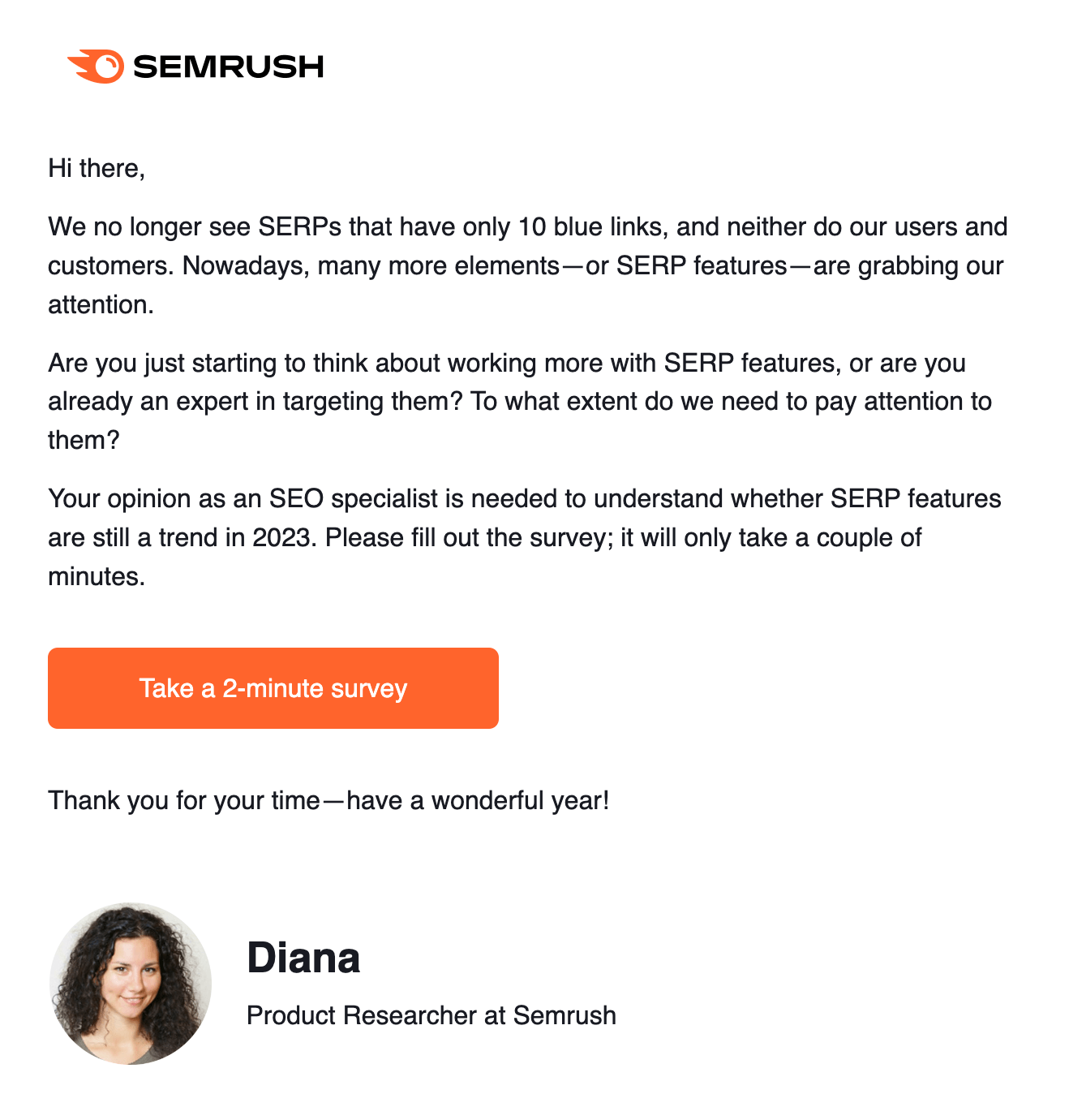 Email Engagement Content Ideas: Screenshot of Semrush's email to urge users to answer a survey