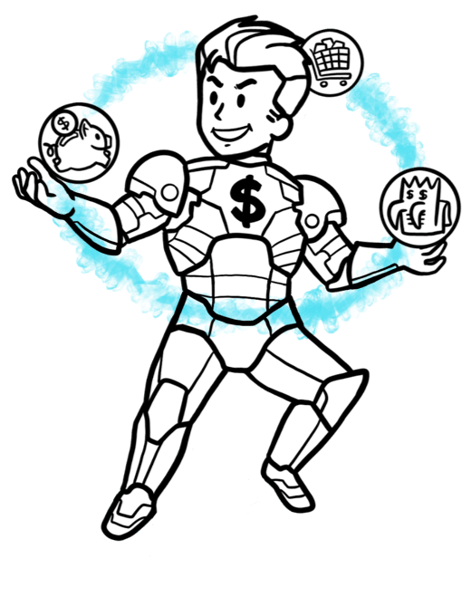 Cartoon character floating mid-air, harnessing a ring of special money saving powers