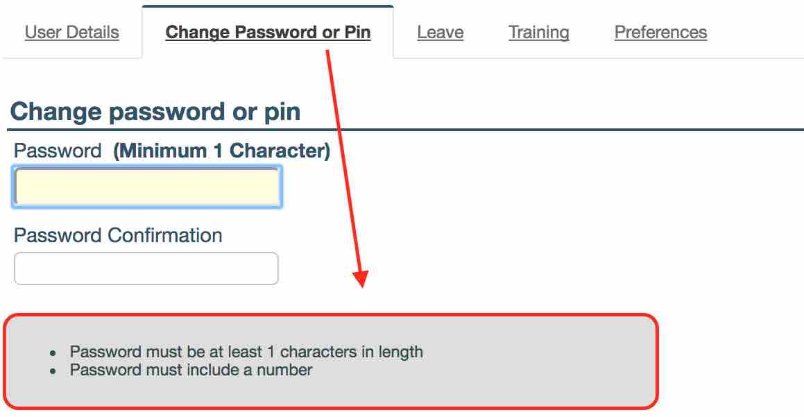 change password or pin information panel