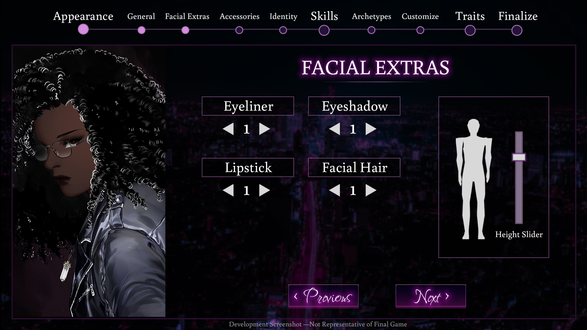 Character creation screen for makeup